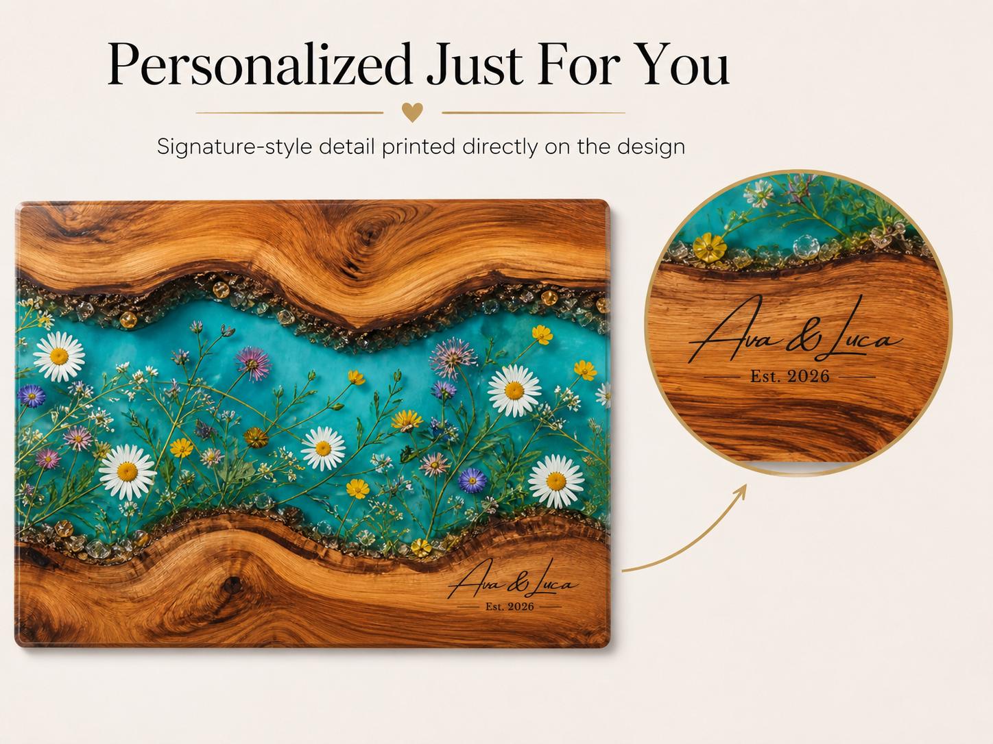Personalized Turquoise Floral Glass Board, Custom Couple Cutting Board, Wildflower Kitchen Gift