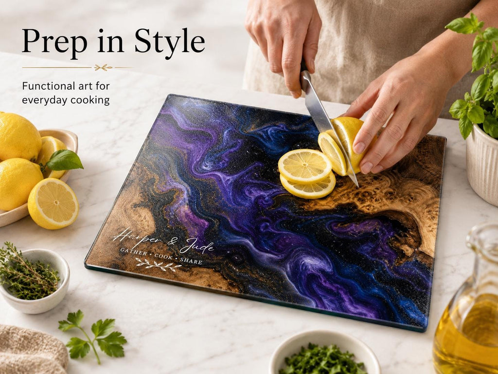 Glass Cutting Board: Personalized Blue Resin Style (Wedding or Housewarming)