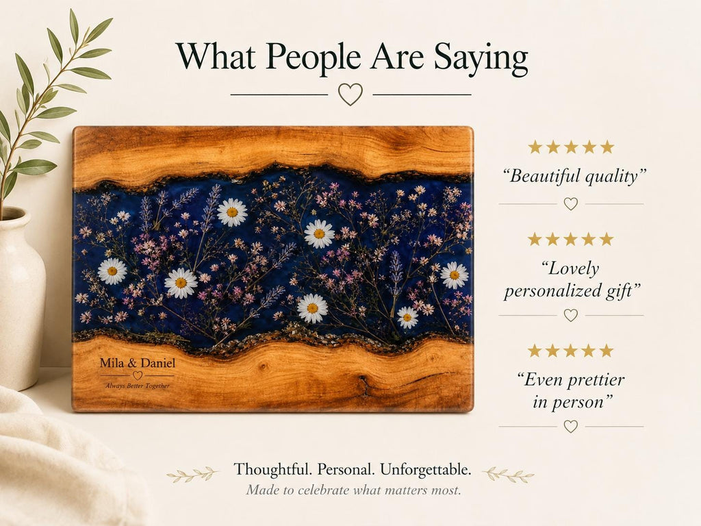 Personalized Glass Cutting Board: Blue Resin Look with Gold Accents