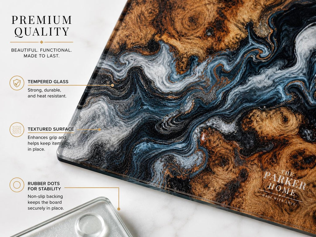 Personalized Glass Cutting Board: Blue Resin Look with Gold Accents