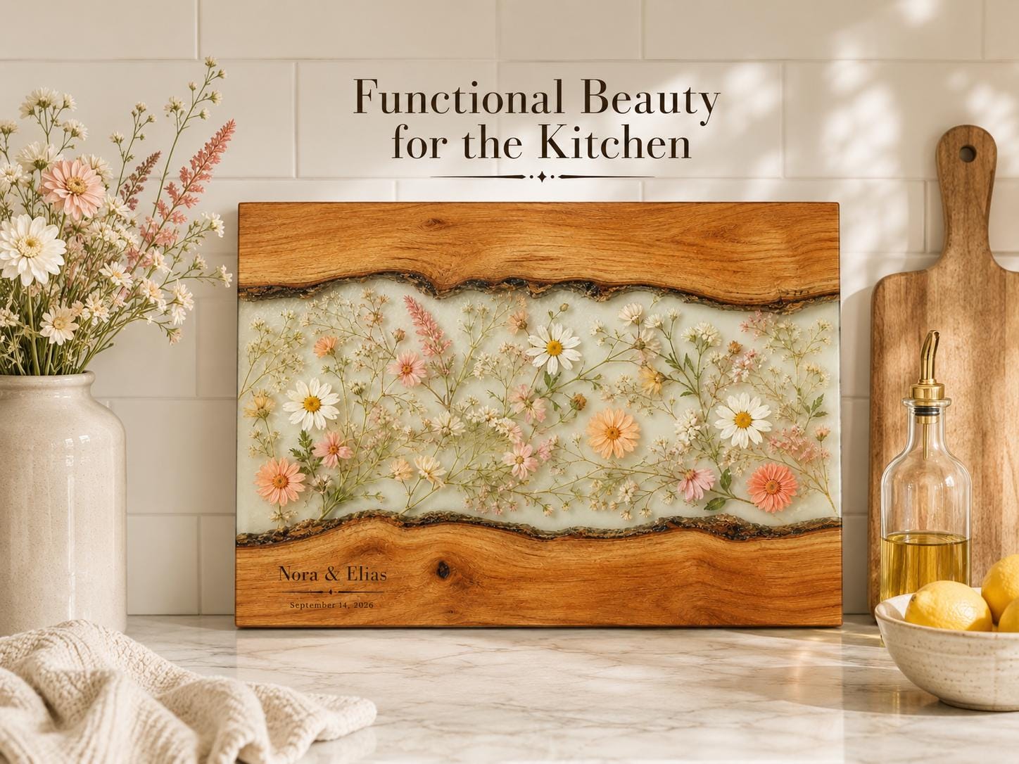 Personalized Cutting Board, Ivory Floral Cheese Board, Wedding Gift Idea