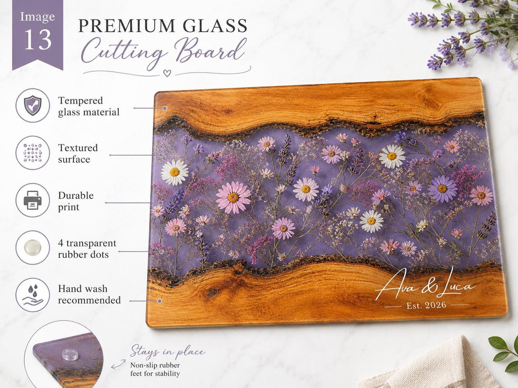 Glass Charcuterie Board - Custom Names, Blue and Wood Grain Design