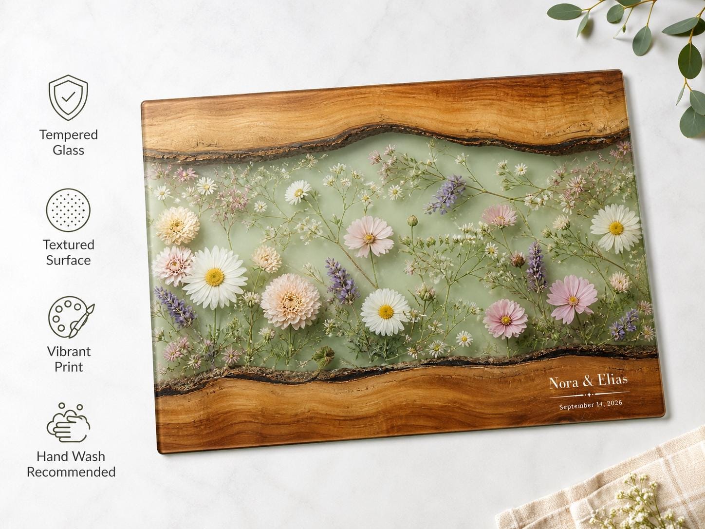 Personalized Cutting Board, Sage Floral Chopping Board, Housewarming Gift