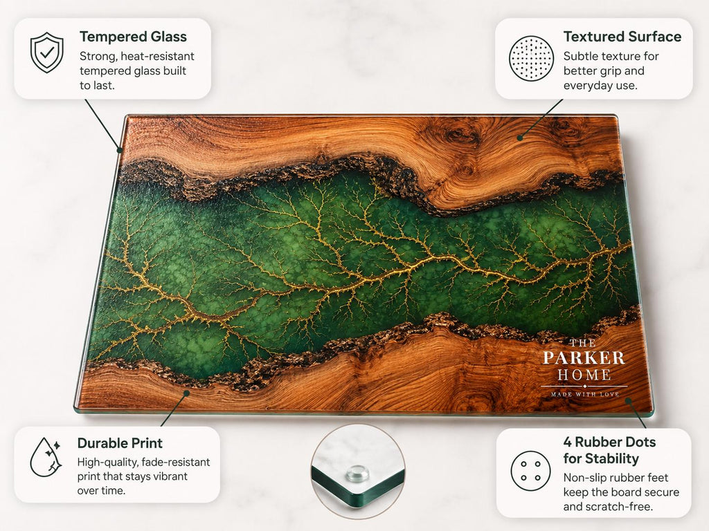 Personalized Emerald Geode Glass Board, Custom Family Kitchen Decor, Wood Look Housewarming Gift