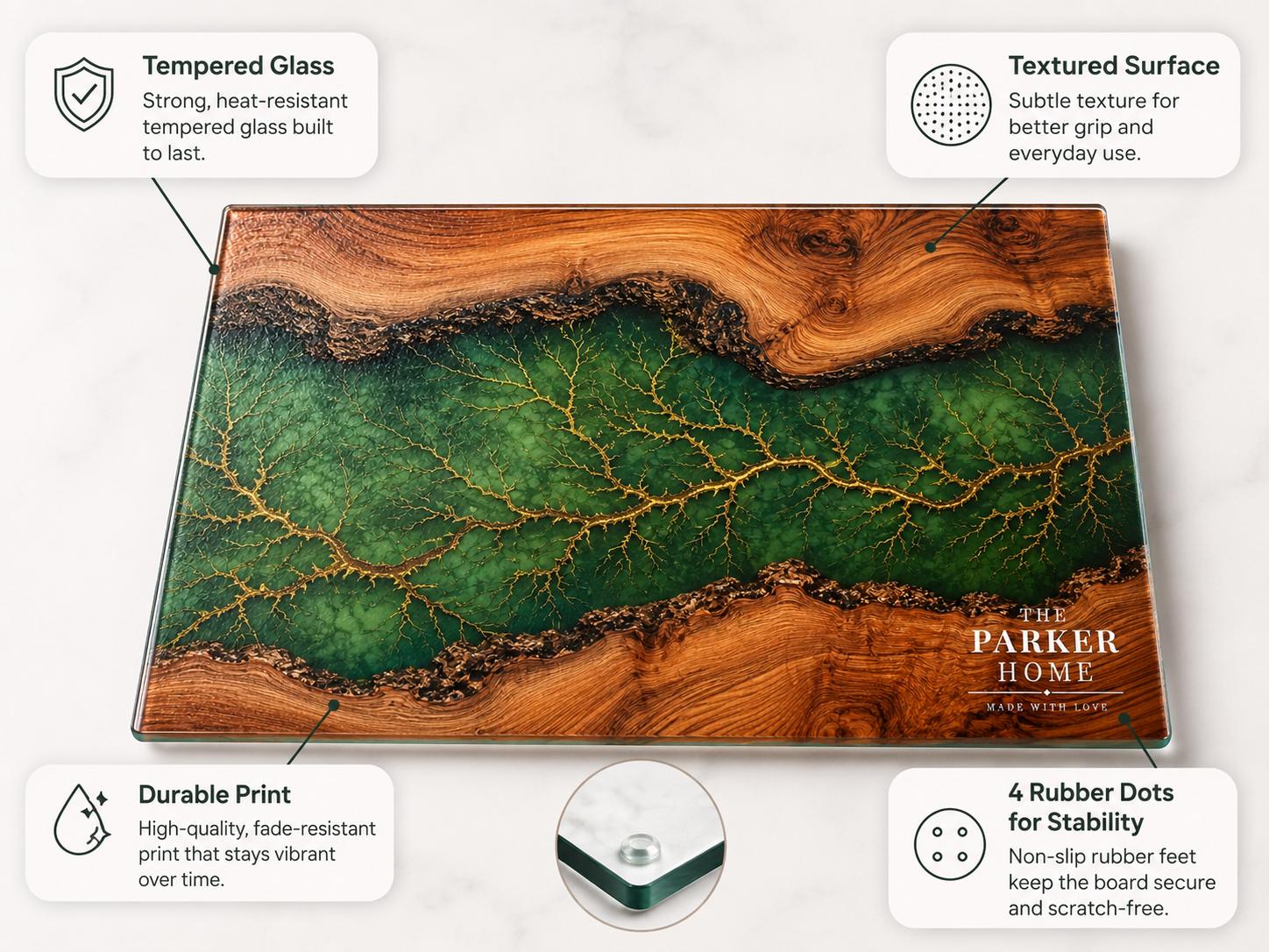 Personalized Emerald Geode Glass Board, Custom Family Kitchen Decor, Wood Look Housewarming Gift