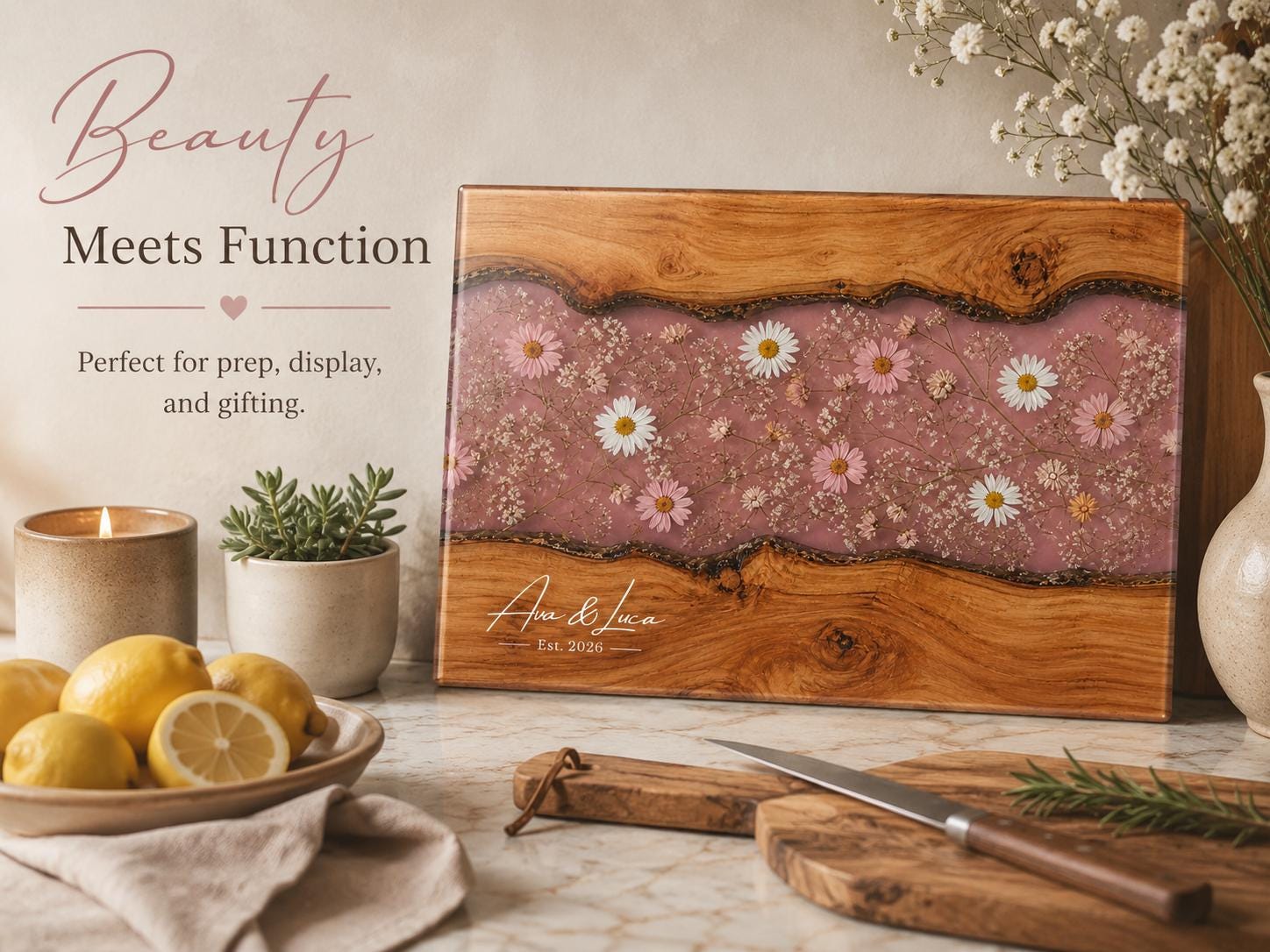Custom Cutting Board: Blue Resin Style - Tempered Glass, Personalized Names