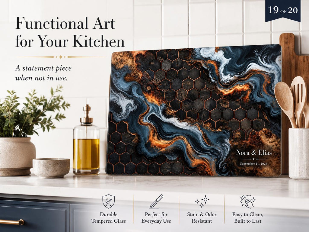 Custom Glass Cutting Board - Blue Resin Style with Gold Detail