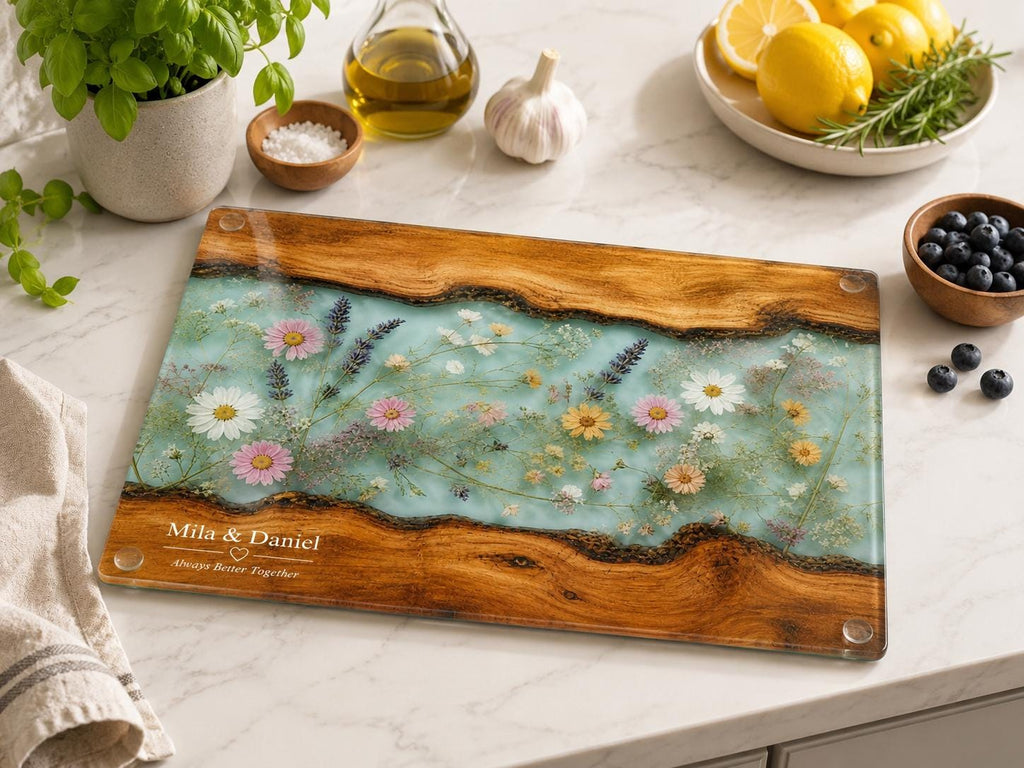 Glass Charcuterie Board: Personalized Blue Resin Design (Two Sizes)