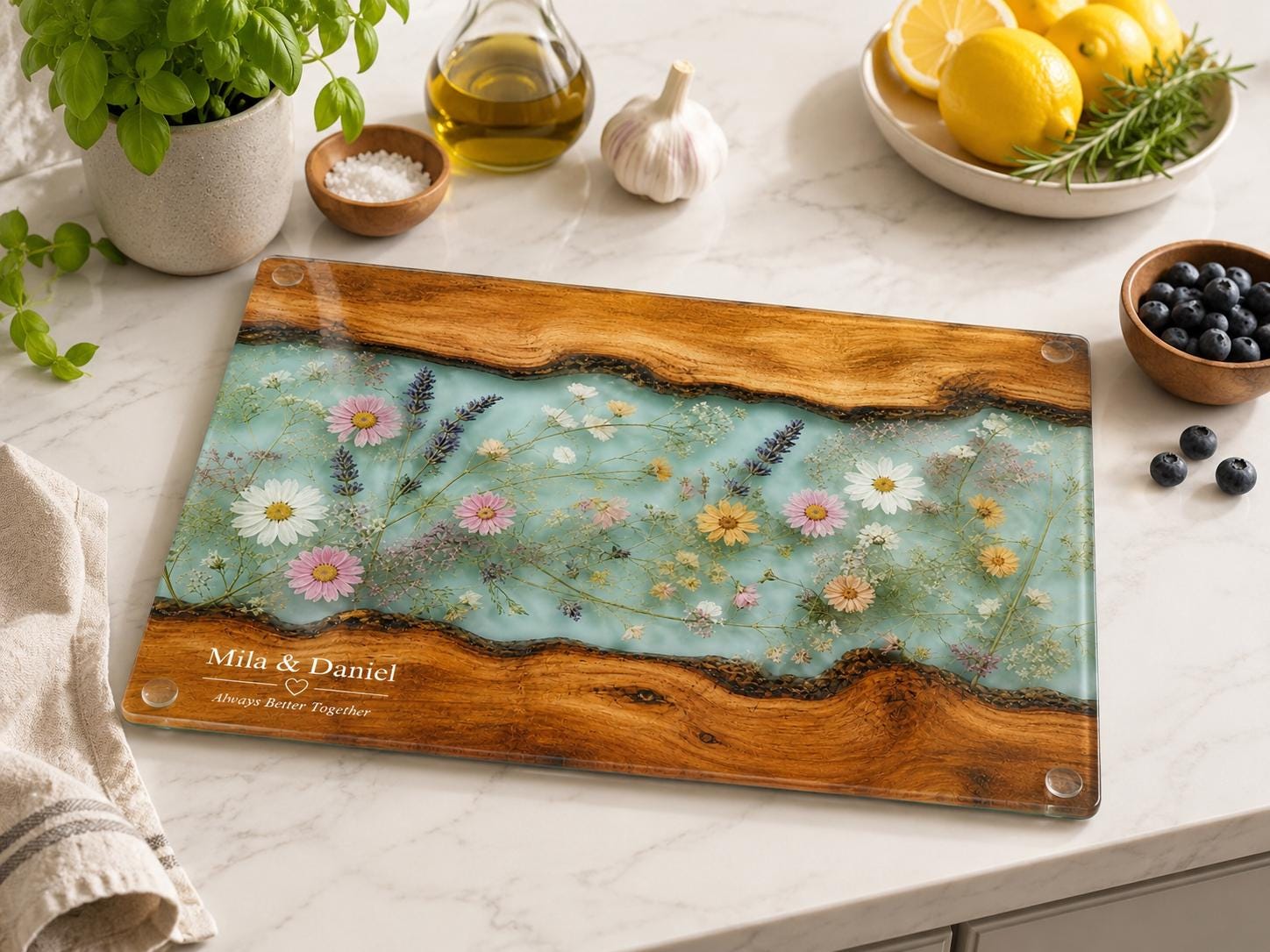 Glass Charcuterie Board: Personalized Blue Resin Design (Two Sizes)