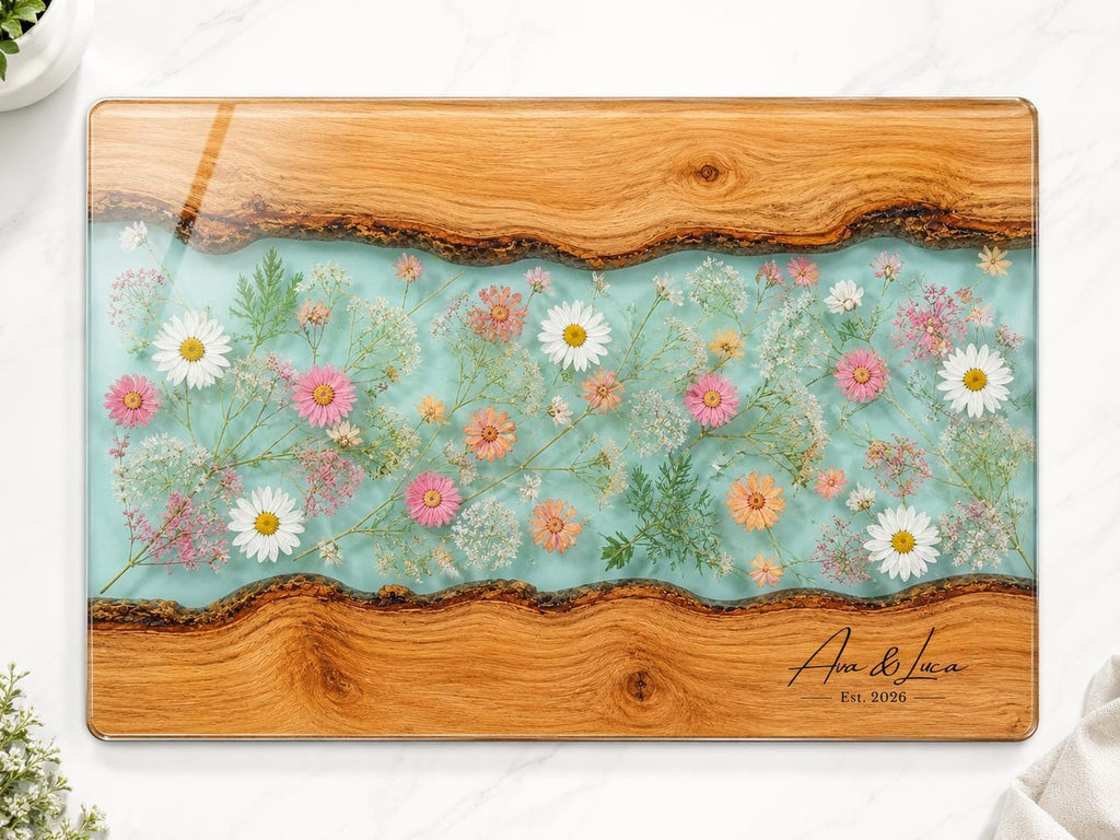 Personalized Glass Cutting Board: Blue Resin Look with Gold Accents