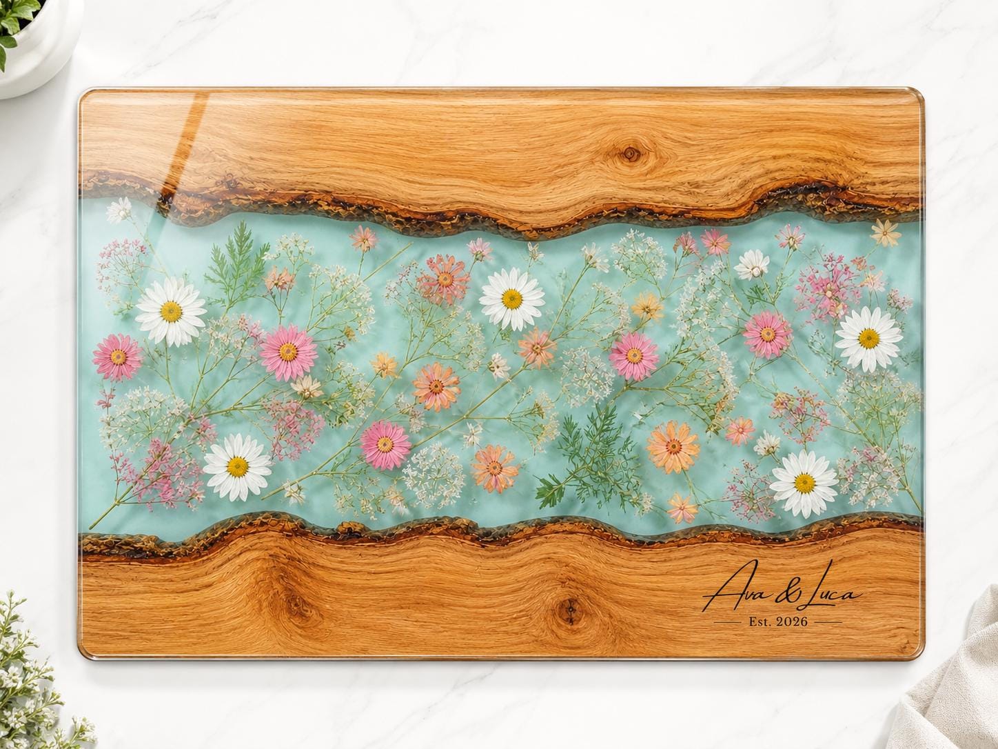 Personalized Glass Cutting Board: Blue Resin Look with Gold Accents