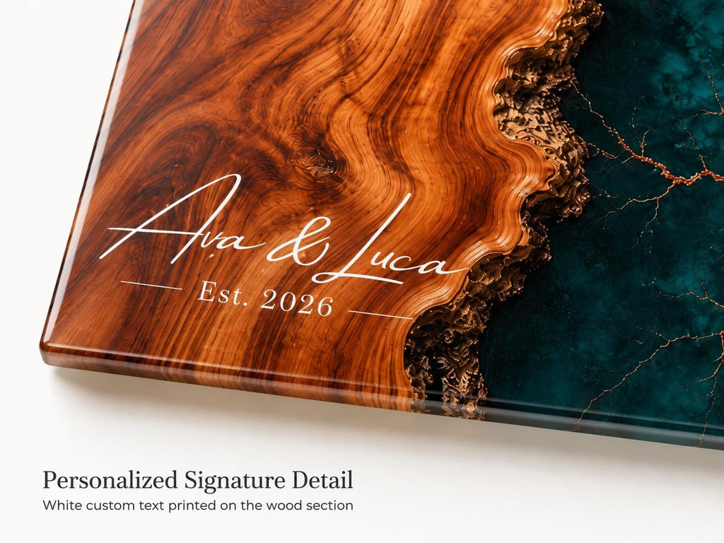Personalized Charcuterie Board, Dark Teal Marble Glass Cutting Board, Custom Couple Gift