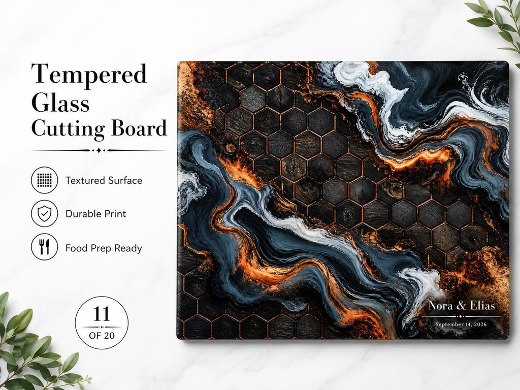 Custom Glass Cutting Board - Blue Resin Style with Gold Detail