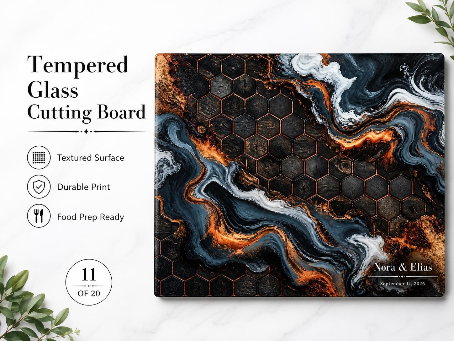 Custom Glass Cutting Board - Blue Resin Style with Gold Detail