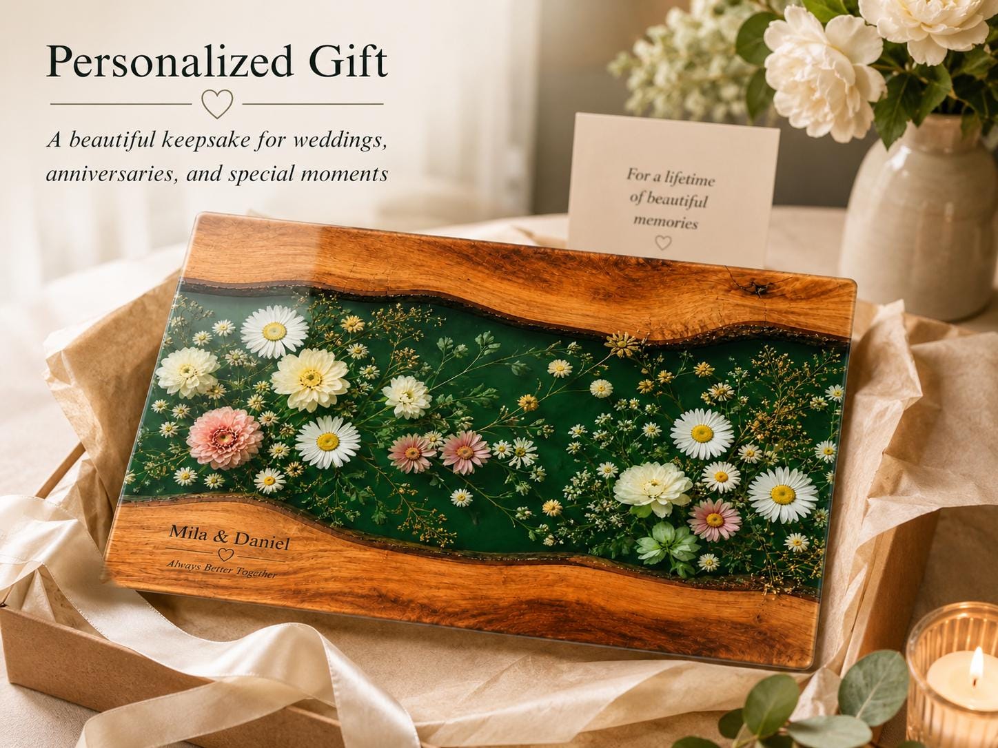 Personalized Floral Cutting Board, Green Daisy Glass Board, Custom Couple Kitchen Gift