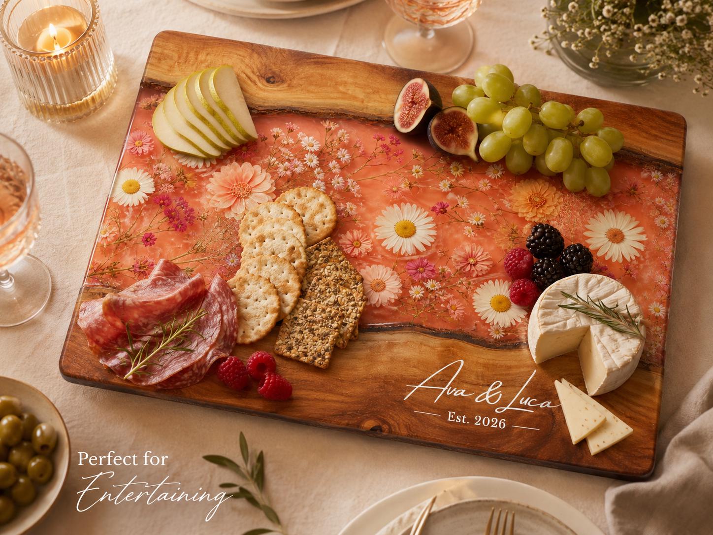 Personalized Floral Kitchen Decor Board, Coral Wildflower Serving Board, Custom Couple Housewarming Gift