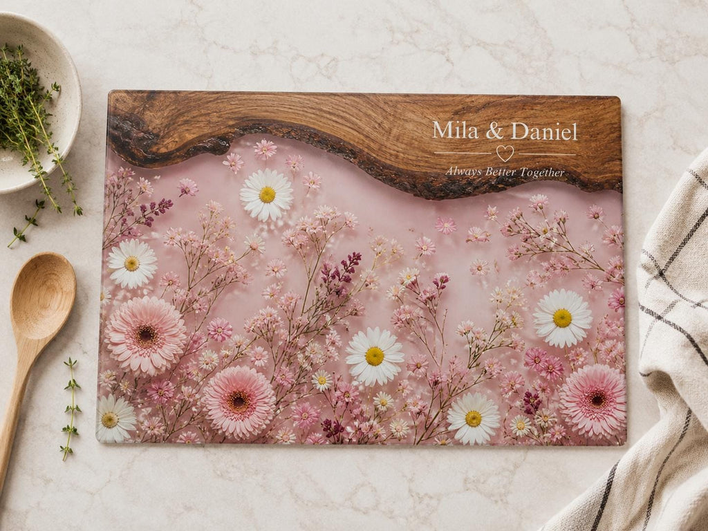 Personalized Pink Daisy Serving Board, Floral Glass Charcuterie Board, Custom Couple Wedding Gift