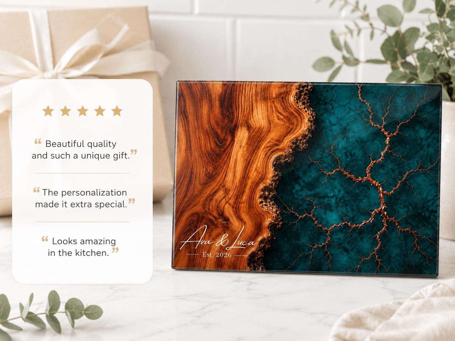 Personalized Charcuterie Board, Dark Teal Marble Glass Cutting Board, Custom Couple Gift