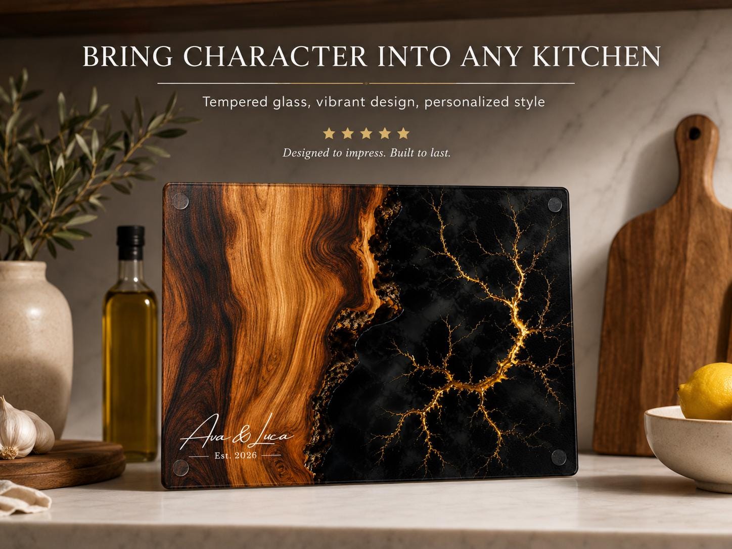 Personalized Glass Cutting Board, Purple Geode, Gold Accents (2 Sizes)