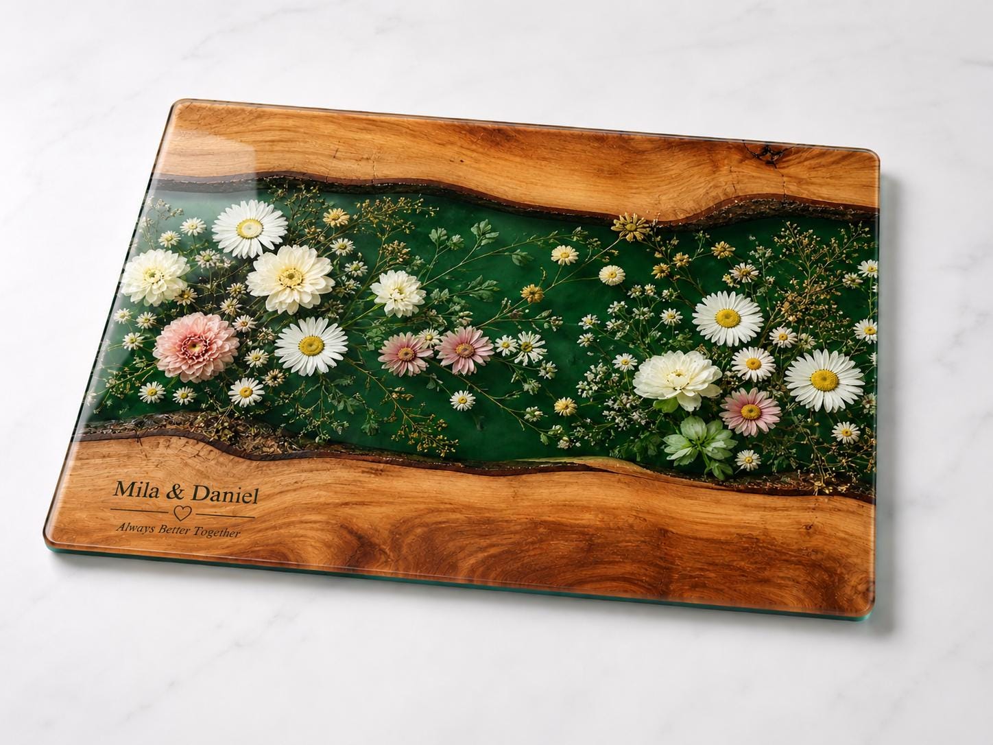 Personalized Floral Cutting Board, Green Daisy Glass Board, Custom Couple Kitchen Gift