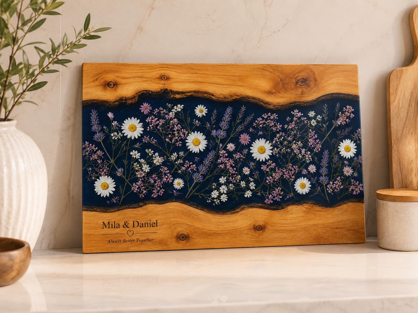 Personalized Glass Cutting Board, Blue Resin & Wood Design (8x11 or 11x15)