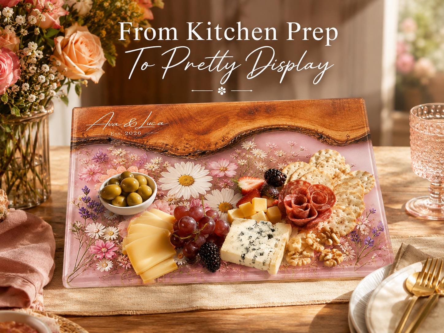 Bridal Shower Gift Cutting Board, Pink Floral Personalized Cheese Board