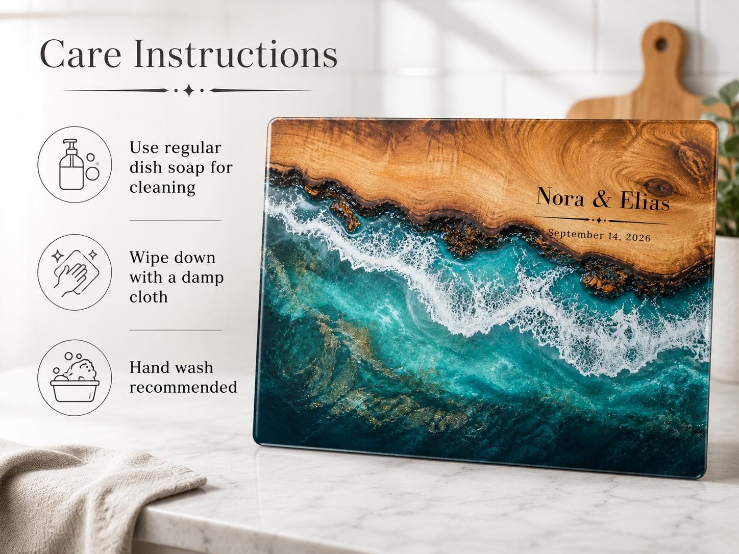 Personalized Beach Cutting Board, Ocean Wave Glass Board, Custom Couple Kitchen Gift