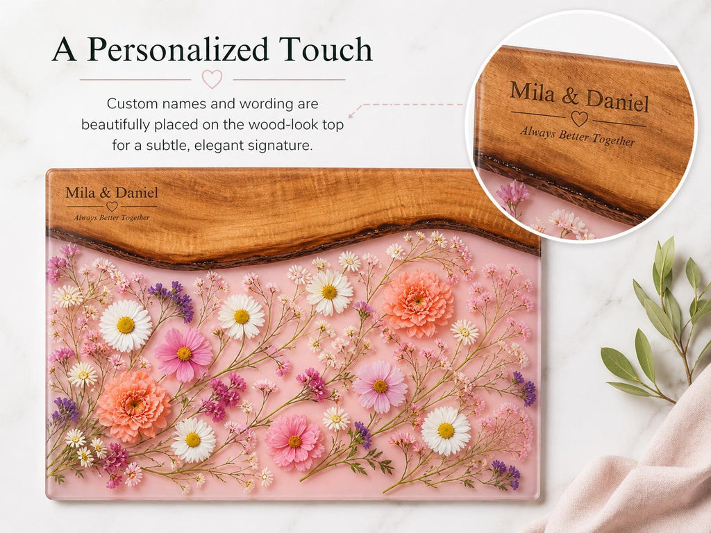 Personalized Floral Charcuterie Board, Pink Glass Serving Board, Custom Couple Cheese Board Gift