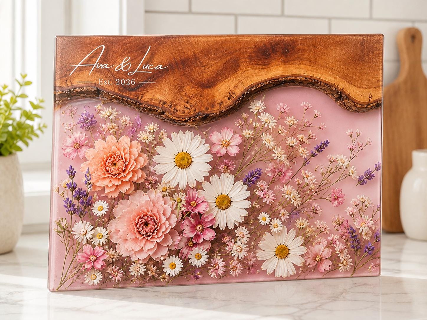 Bridal Shower Gift Cutting Board, Pink Floral Personalized Cheese Board