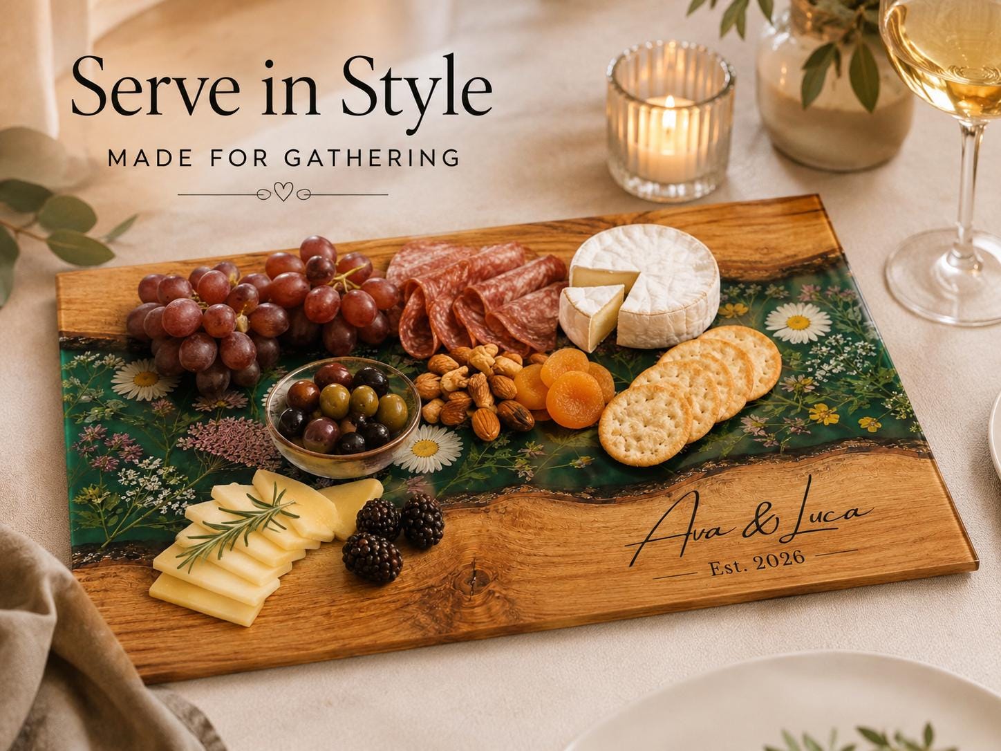 Custom Glass Cutting Board: Blue Resin Style - Personalized Names Included