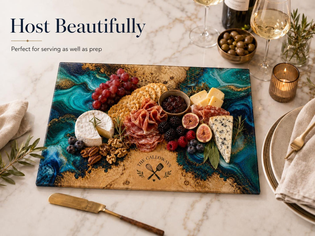 Personalized Glass Cutting Board - Blue Resin Style with Gold Details