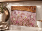 Personalized Family Monogram Serving Board, Pink Wildflower Glass Board, Custom Housewarming Gift