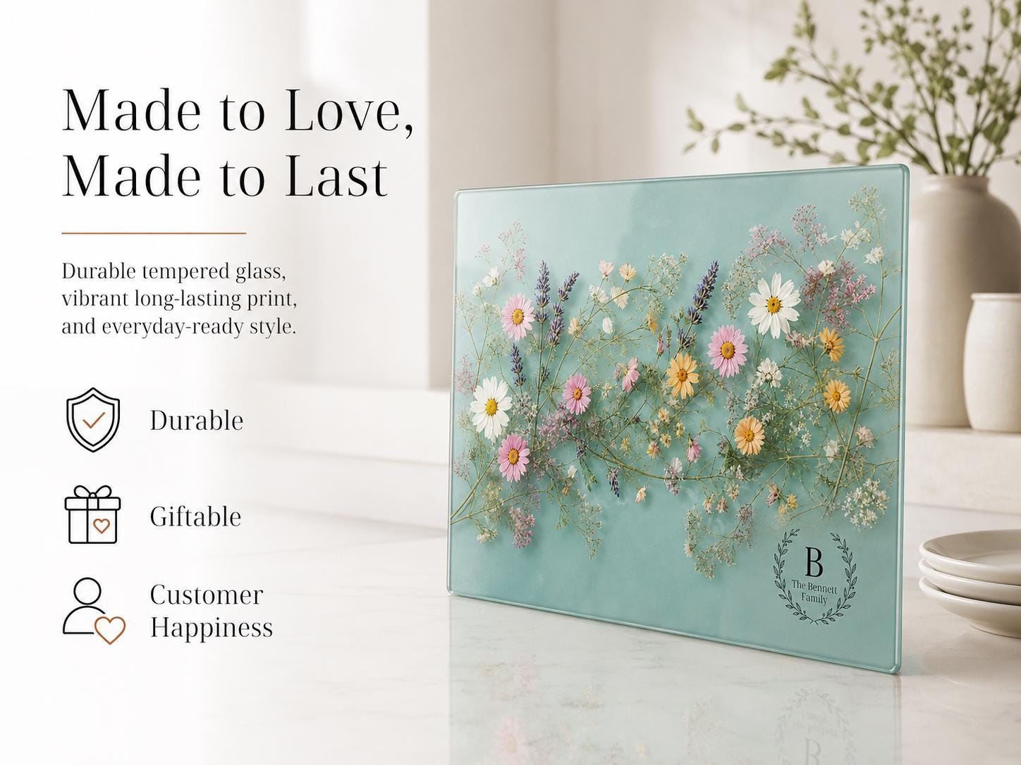 Personalized Glass Cutting Board: Blue Resin Look with Gold Accents