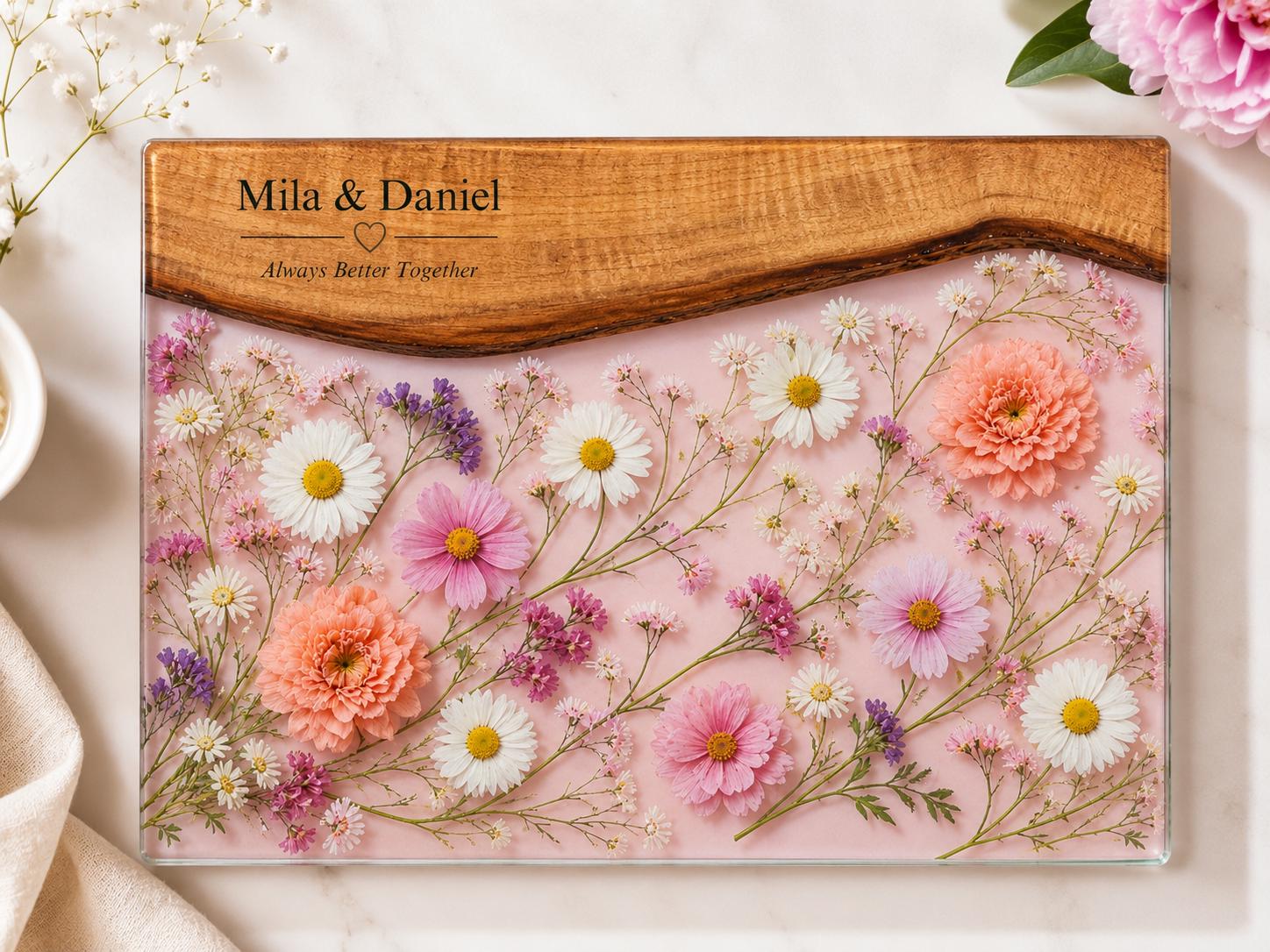 Personalized Floral Charcuterie Board, Pink Glass Serving Board, Custom Couple Cheese Board Gift