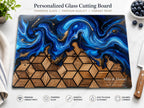 Custom Glass Cutting Board: Blue Resin Style - Names and Dates Included