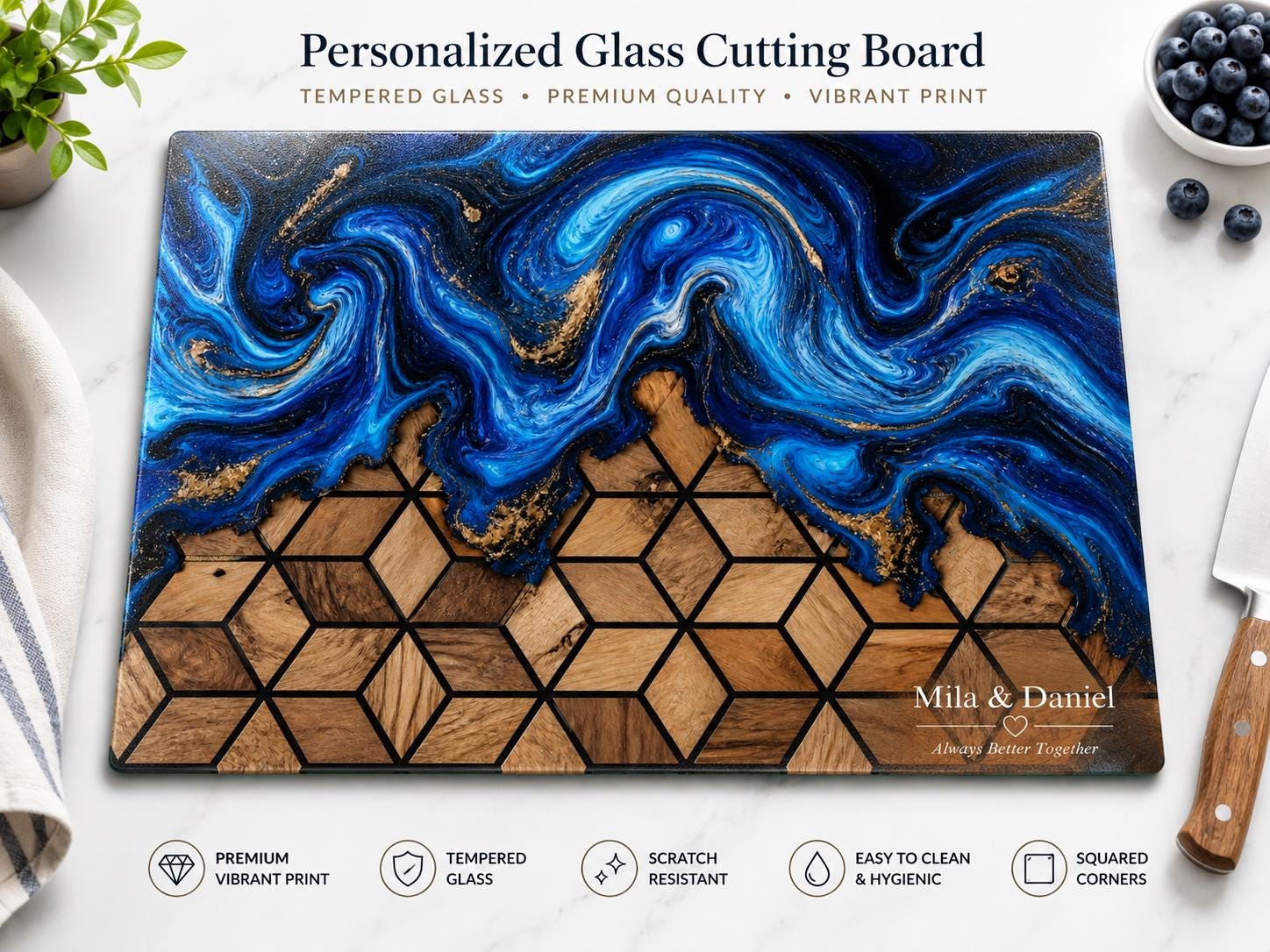 Custom Glass Cutting Board: Blue Resin Style - Names and Dates Included