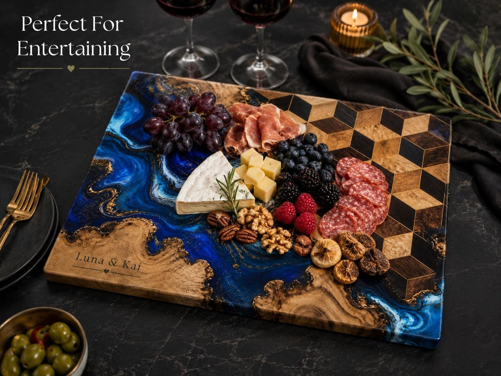 Personalized Glass Cutting Board, Blue Resin & Wood Design (8x11 or 11x15)