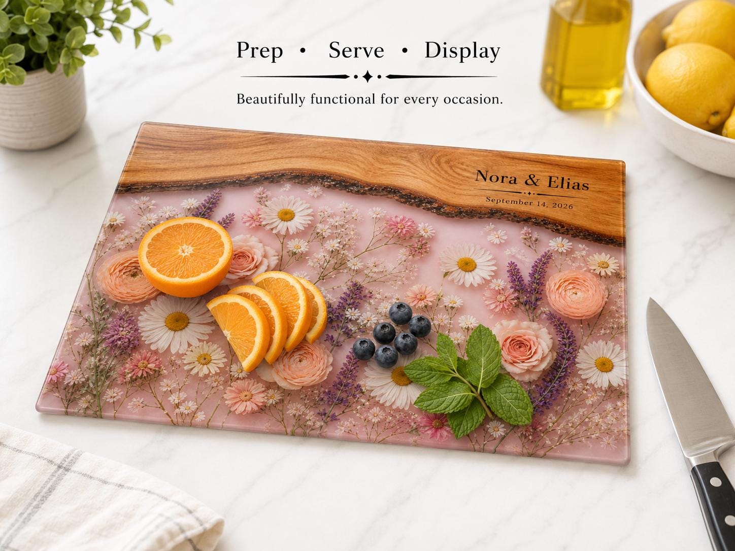 Glass Cutting Board - Purple Geode Design with Custom Couple Names