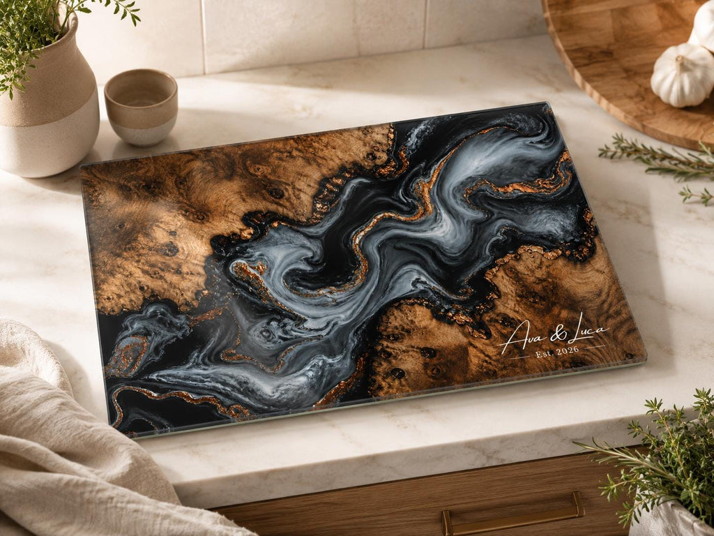 Personalized Chopping Board, Black Marble Glass Cutting Board, Custom Kitchen Gift