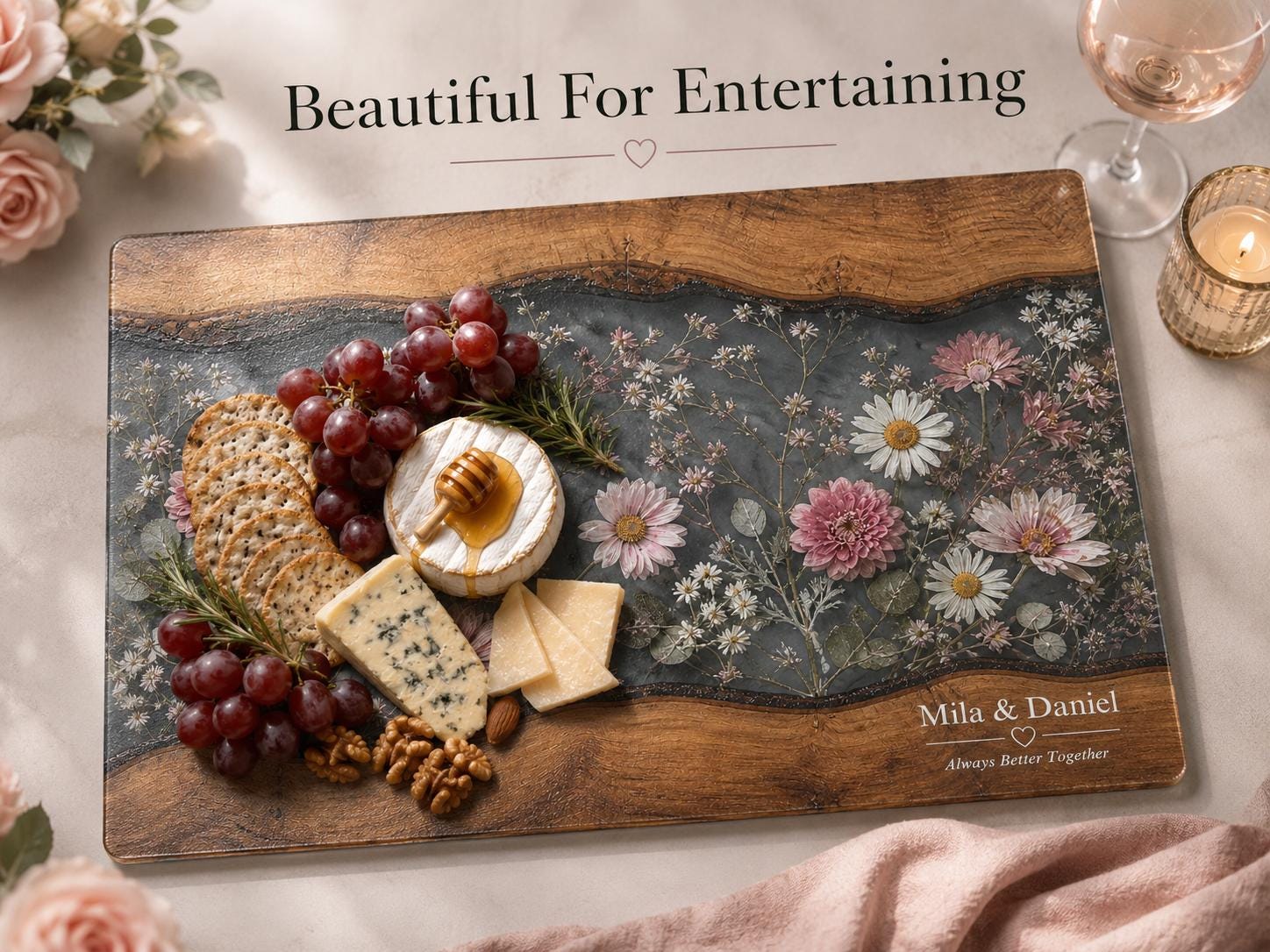Personalized Floral Cutting Board, Dark Wildflower Glass Board, Custom Couple Kitchen Gift