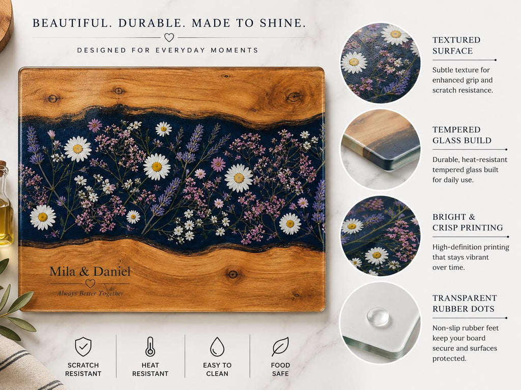 Personalized Glass Cutting Board, Blue Resin & Wood Design (8x11 or 11x15)