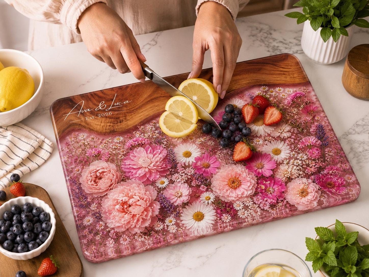 Personalized Floral Cutting Board, Pink Wildflower Glass Board, Custom Kitchen Gift