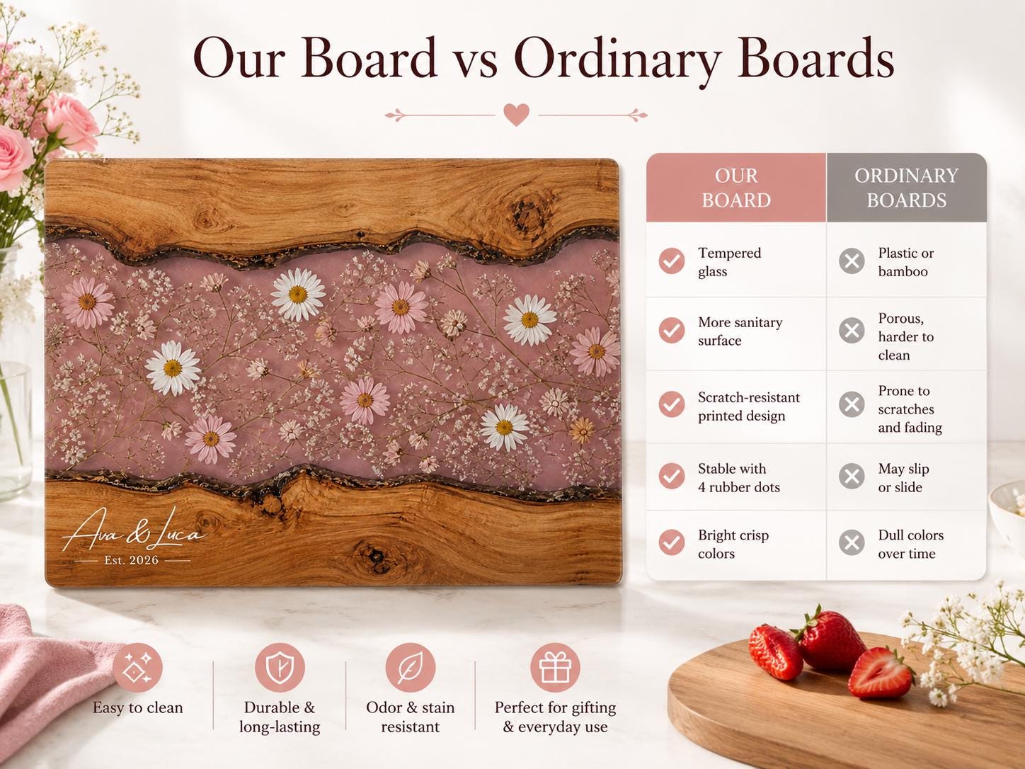 Custom Cutting Board: Blue Resin Style - Tempered Glass, Personalized Names