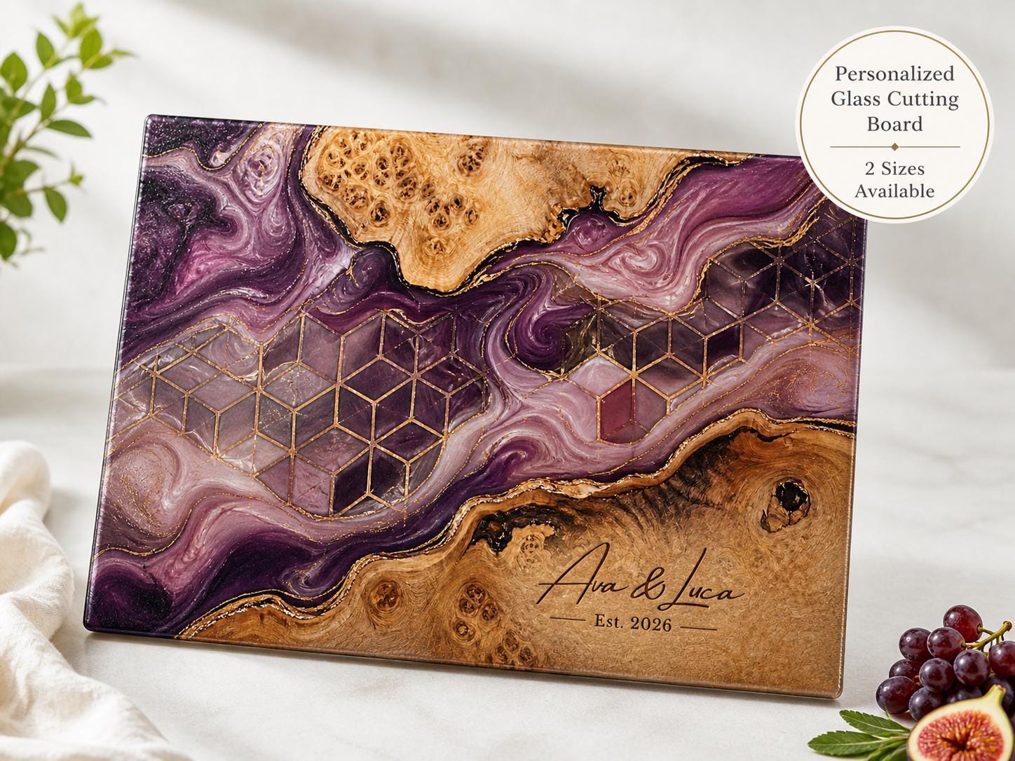Personalized Glass Cutting Board, Purple Geode Kitchen Decor, Custom Couple Name Board, Wedding or Anniversary Gift