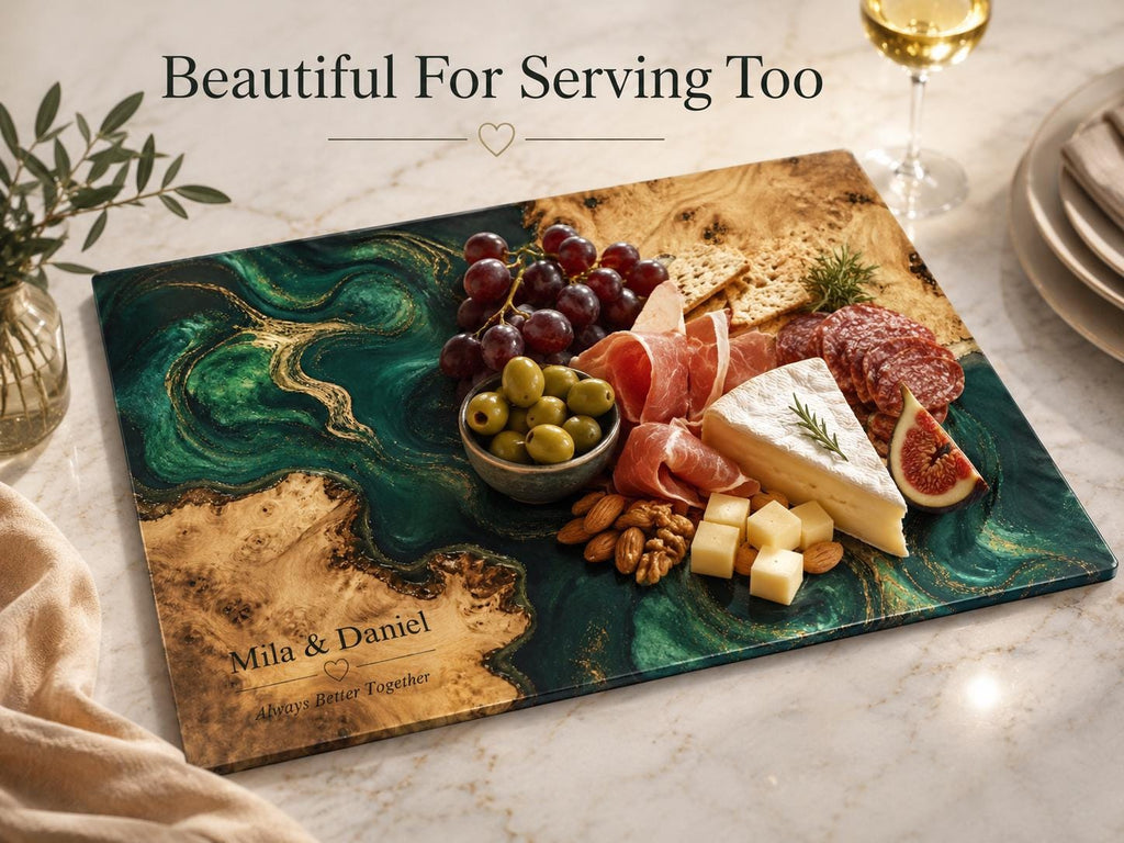 Custom Cutting Board: Blue Resin and Wood Grain - Personalized Names