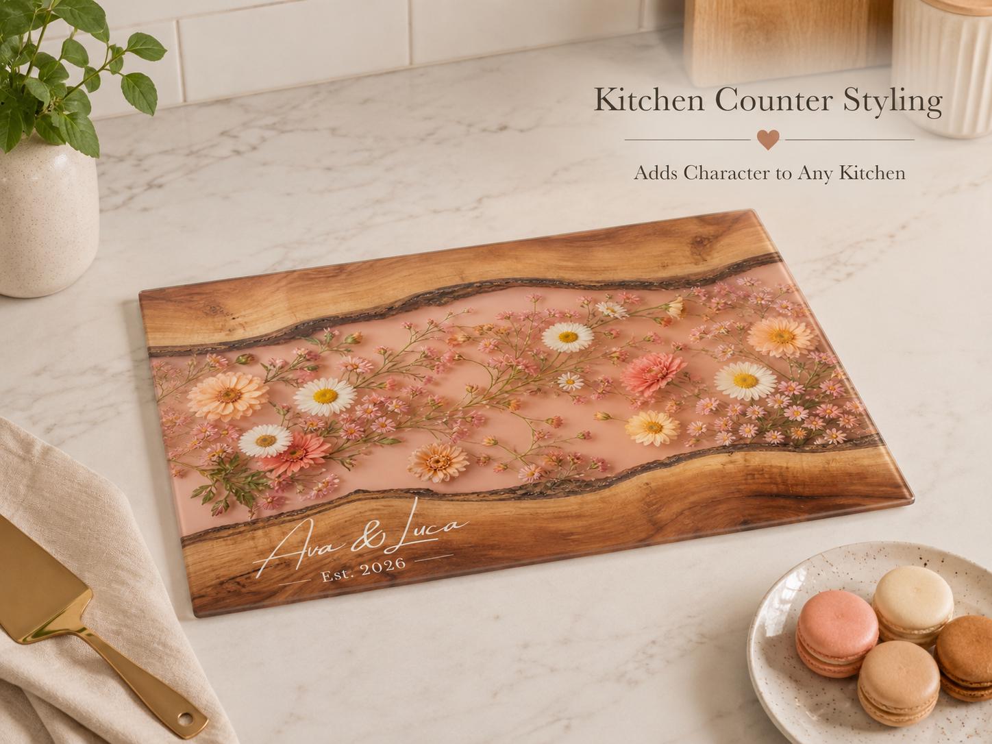 Personalized Blush Floral Kitchen Decor Board, Custom Couple Serving Board, Romantic Housewarming Gift