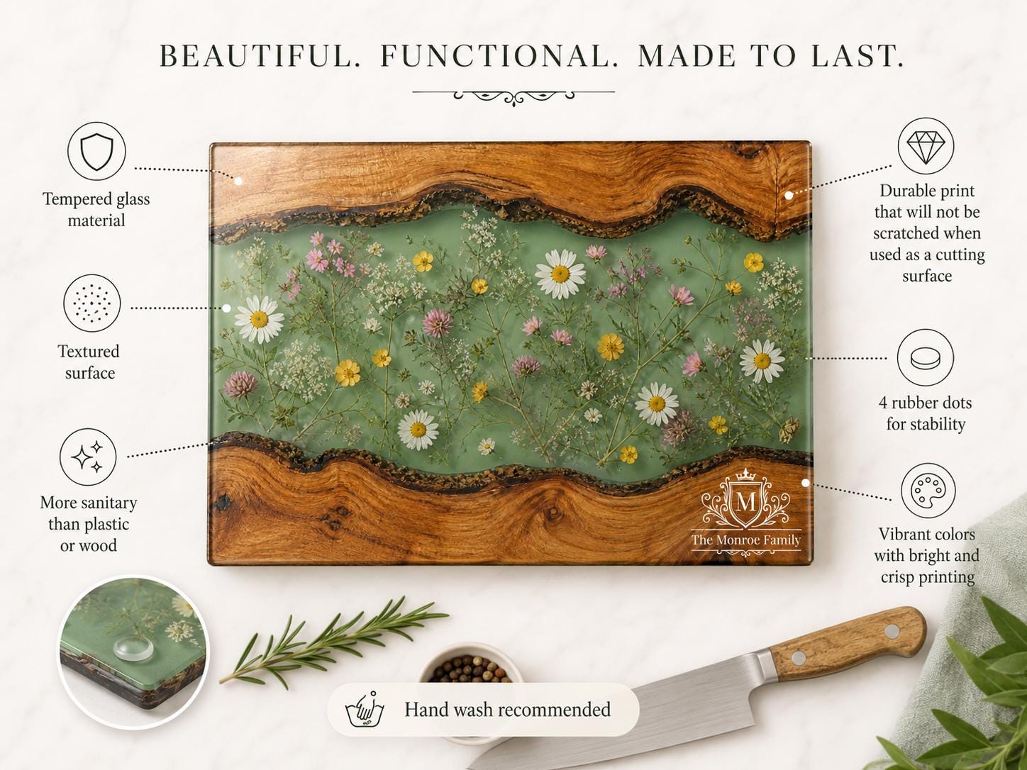 Personalized Cutting Board, Green Floral Chopping Board, Family Kitchen Gift