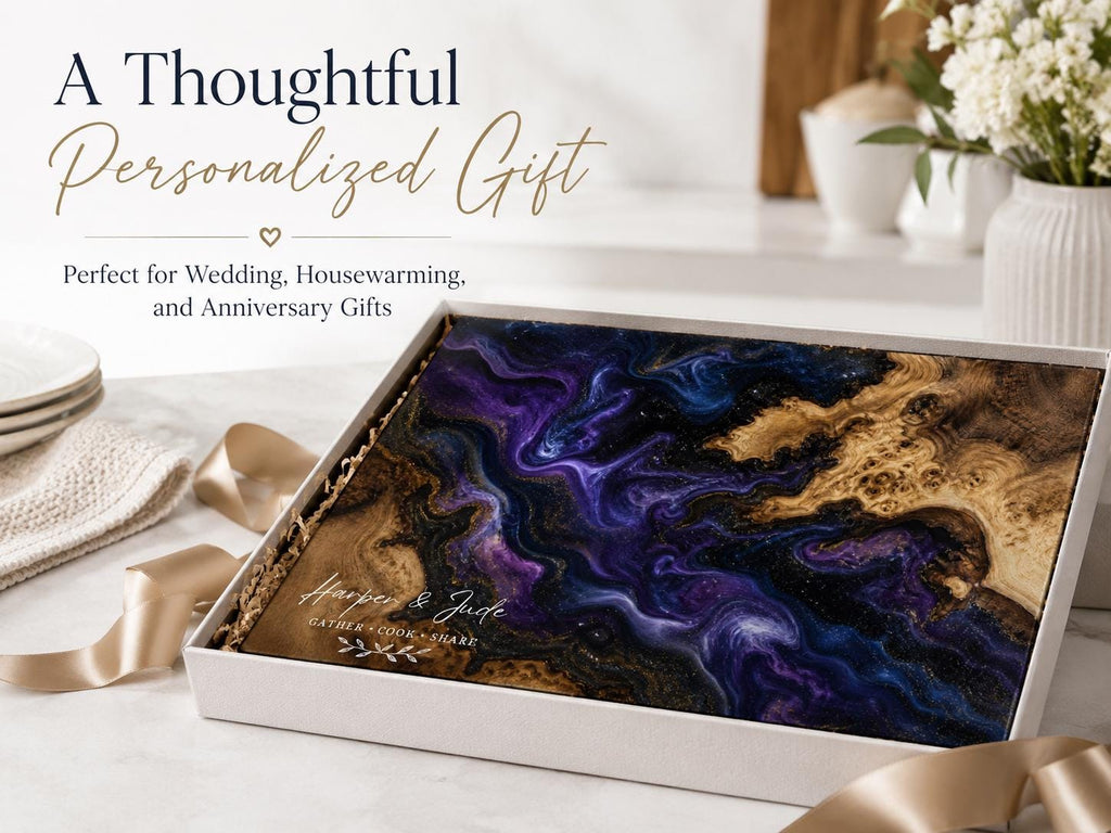 Glass Cutting Board: Personalized Blue Resin Style (Wedding or Housewarming)