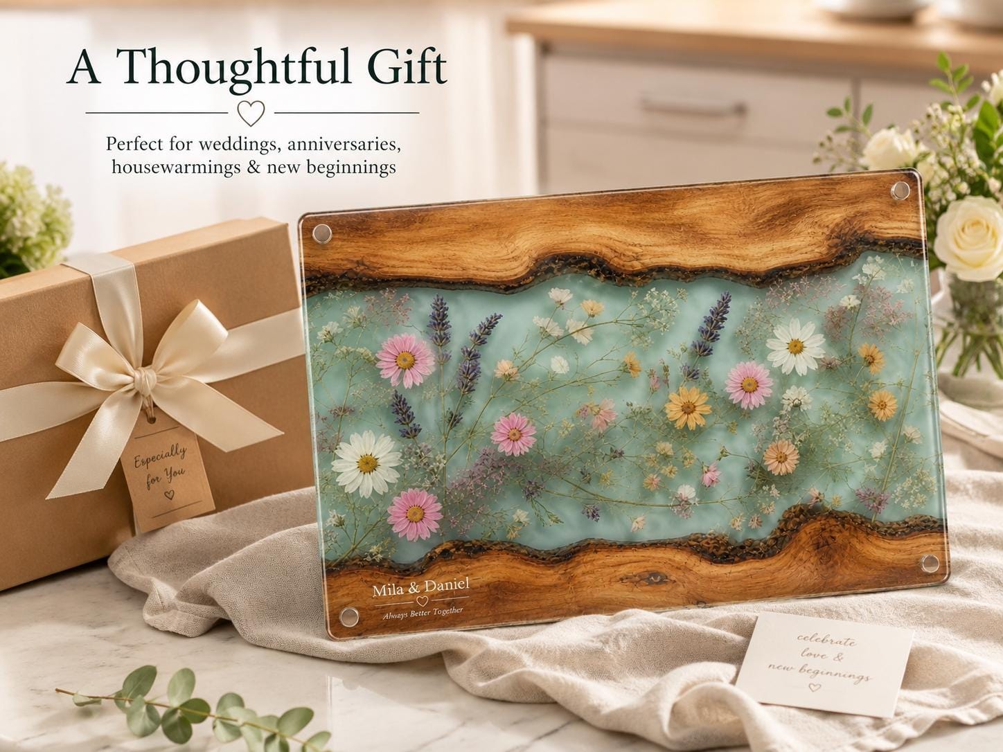 Glass Charcuterie Board: Personalized Blue Resin Design (Two Sizes)