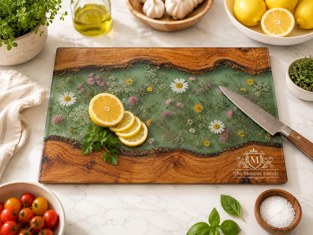 Personalized Cutting Board, Green Floral Chopping Board, Family Kitchen Gift